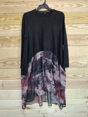 Black Abstract Print Sheer Hem Midi Dress Artsy Boho Tunic Oversized Lagenlook